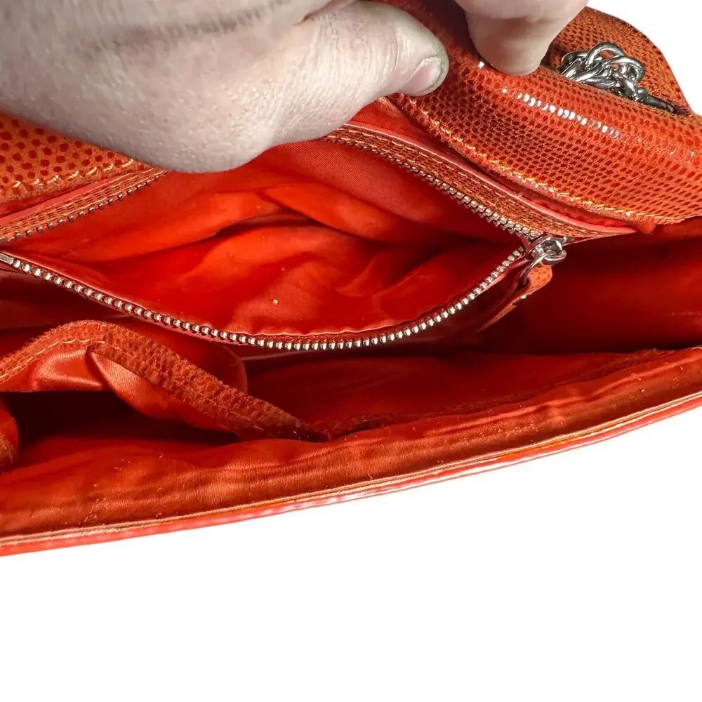 Chez Fine Leather Goods Orange Textured Leather Chain Crossbody Bag Rare